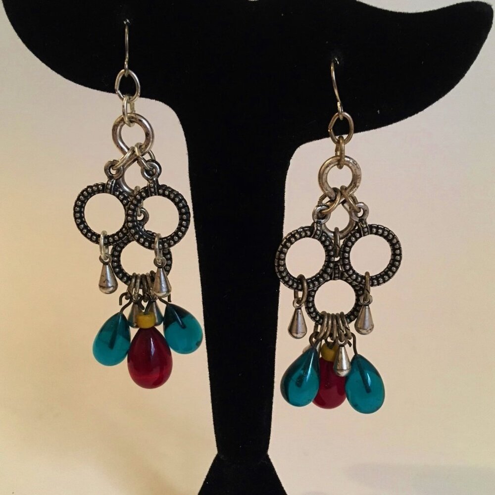 Teardrop Earrings Teal Red Beaded Drops Textured Silver Tone Metal Rings Dangle